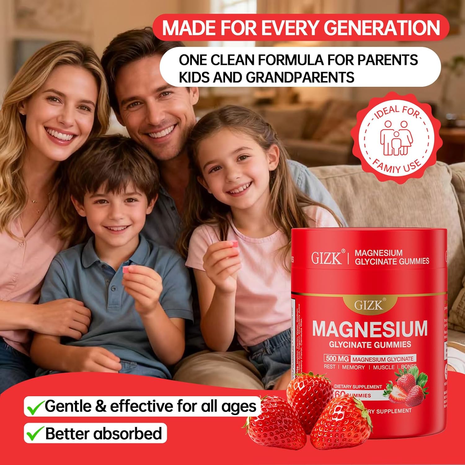 Magnesium Glycinate Gummies 500mg – Sugar Free Magnesium Gummies with L-Theanine - Sleep, Calm, Stress Relief for Adults & Kids 4+, Vegan, No Melatonin (Strawberry Flavor, 120 Count)