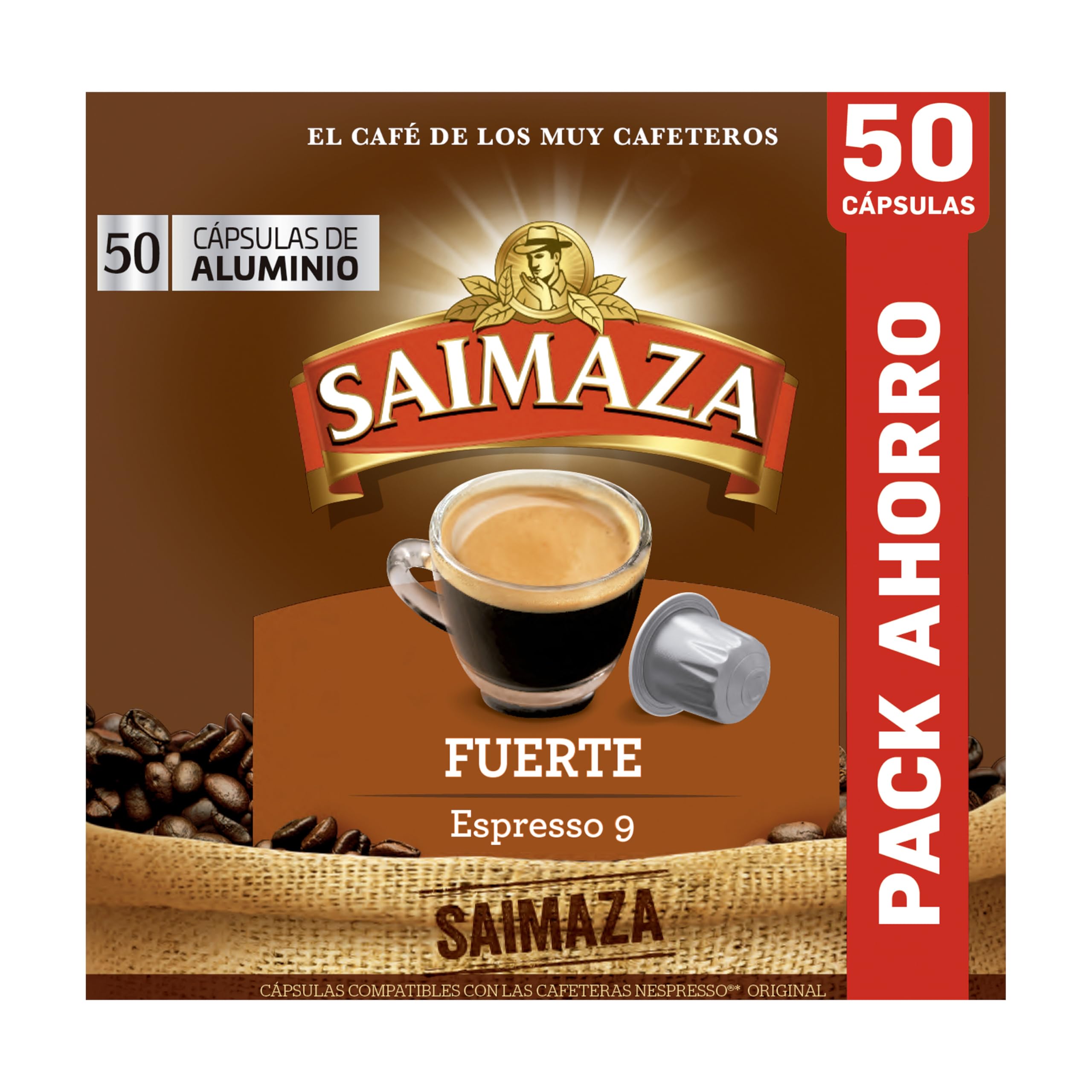 Saimaza Cápsulas de Café Fuerte | Intensidad 9 | 50 Cápsulas Compatibles Nespresso