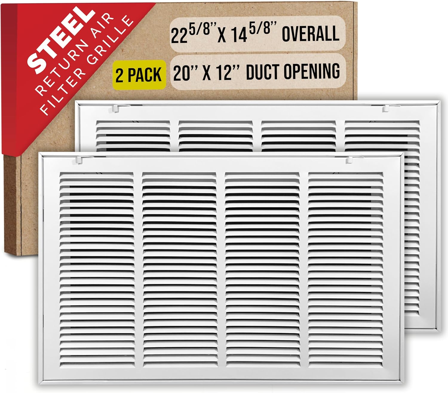 [2 Pack] Fits 20x12 Duct Opening Steel Return Air Filter Grille by