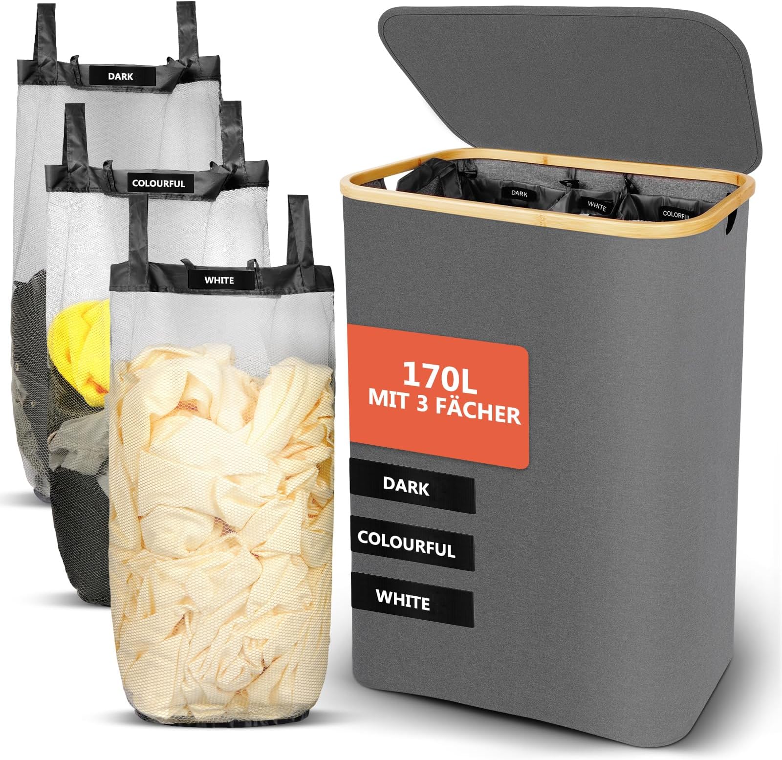 Lifewit 160L Wäschekorb Mit Deckel 2 Fächer - Faltbarer Wäschesortierer Mit Säcken