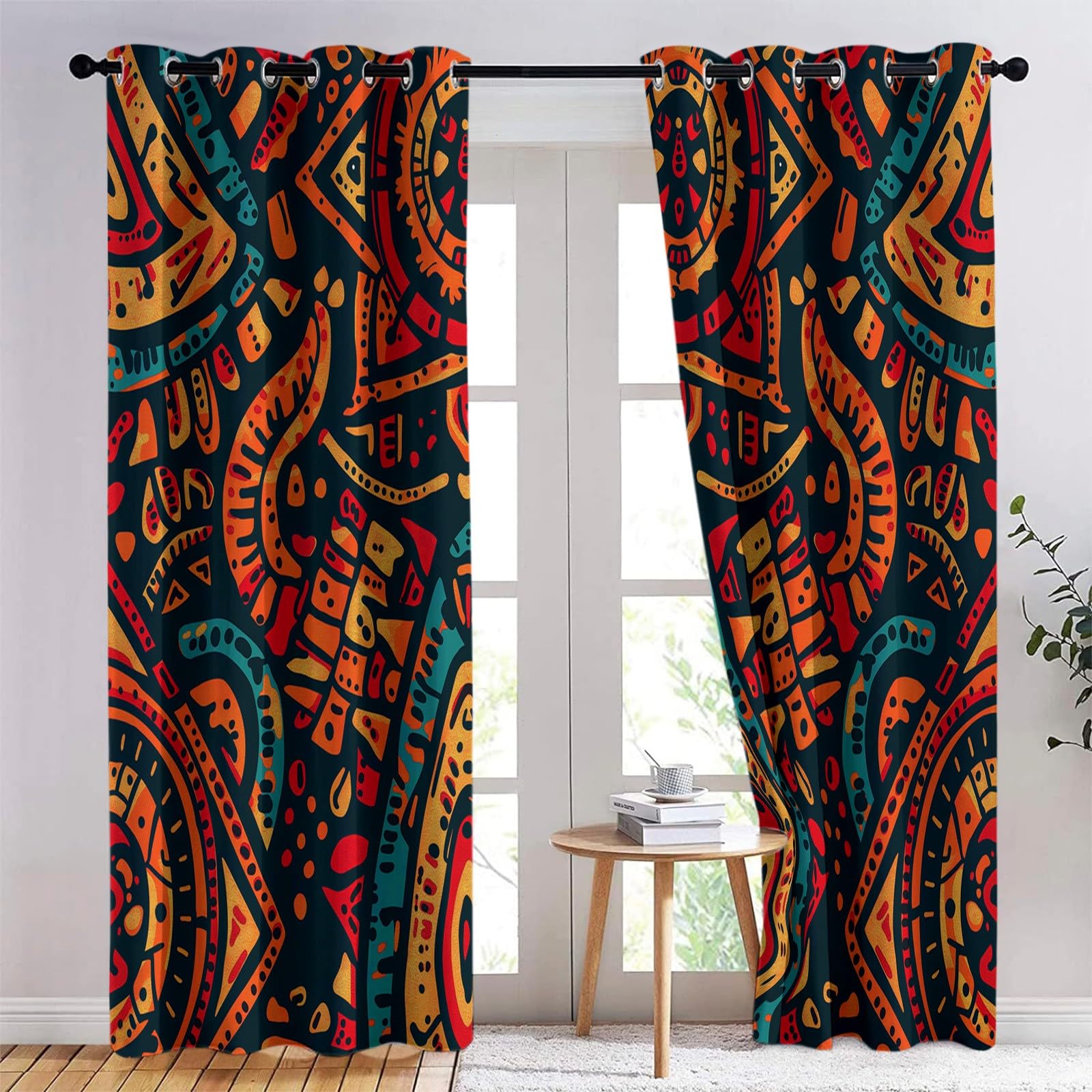 Lot De 2 Rideau Occultant Style Ethnique Graffiti Art Africain, Rideaux Opaques Isolants Thermiques À Oeillets, Draperies Intérieurs Salon pour Chambre Enfant, L140 x H160 cm