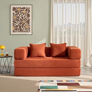 YINIX Foldable Sofa Bed, 62 Folding Floor Couch, Compressed Convertable Sleeper Sofa, Memory Foam Couch with Pillow Back Support Armrest, 4-in-1 Futon Sofa Bed for Living Room, Orange