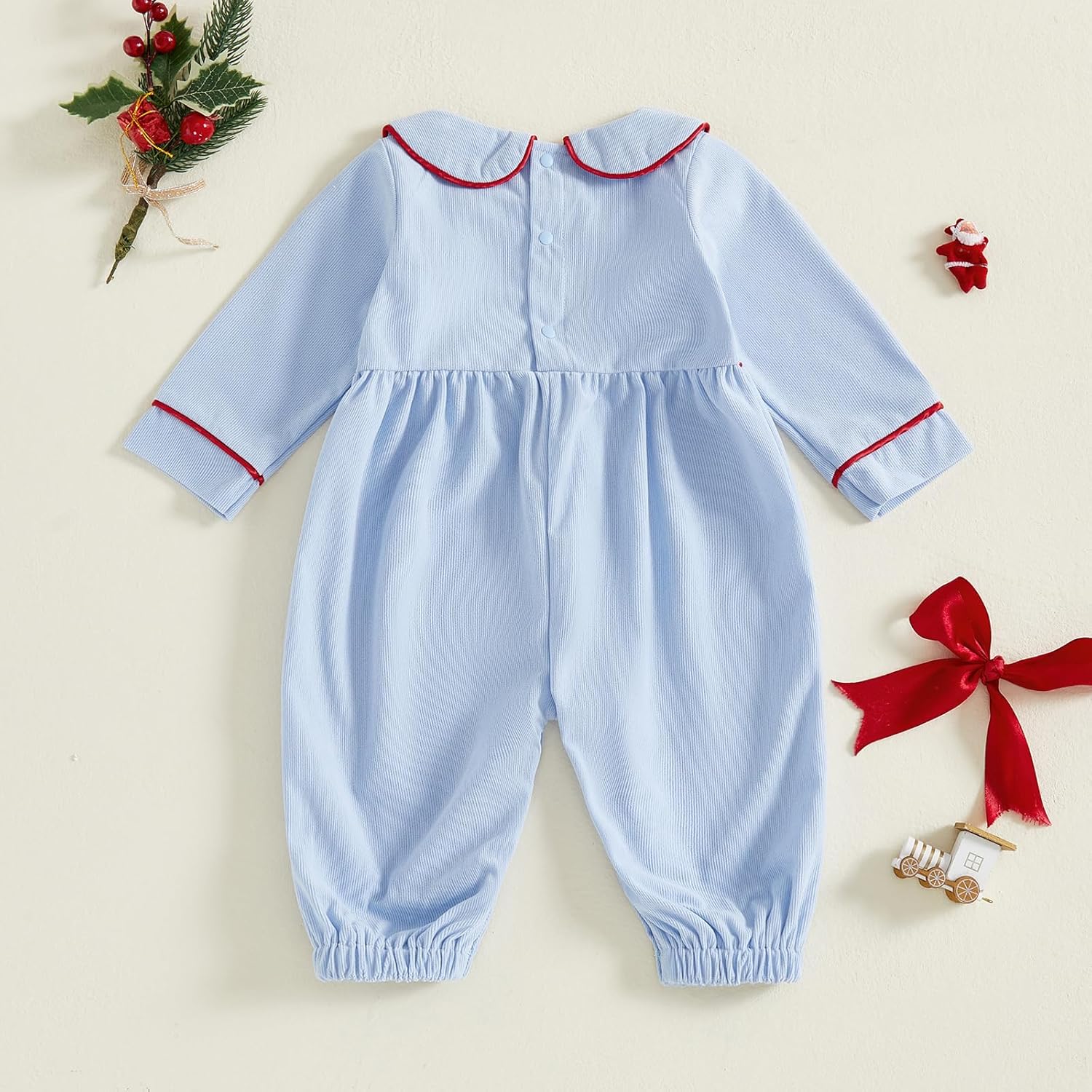 Newborn Baby Boy Girl Christmas Outfit Santa Smocked Romper Peter Pan Collar Long Sleeve Corduroy Jumpsuit Clothes - Image 7