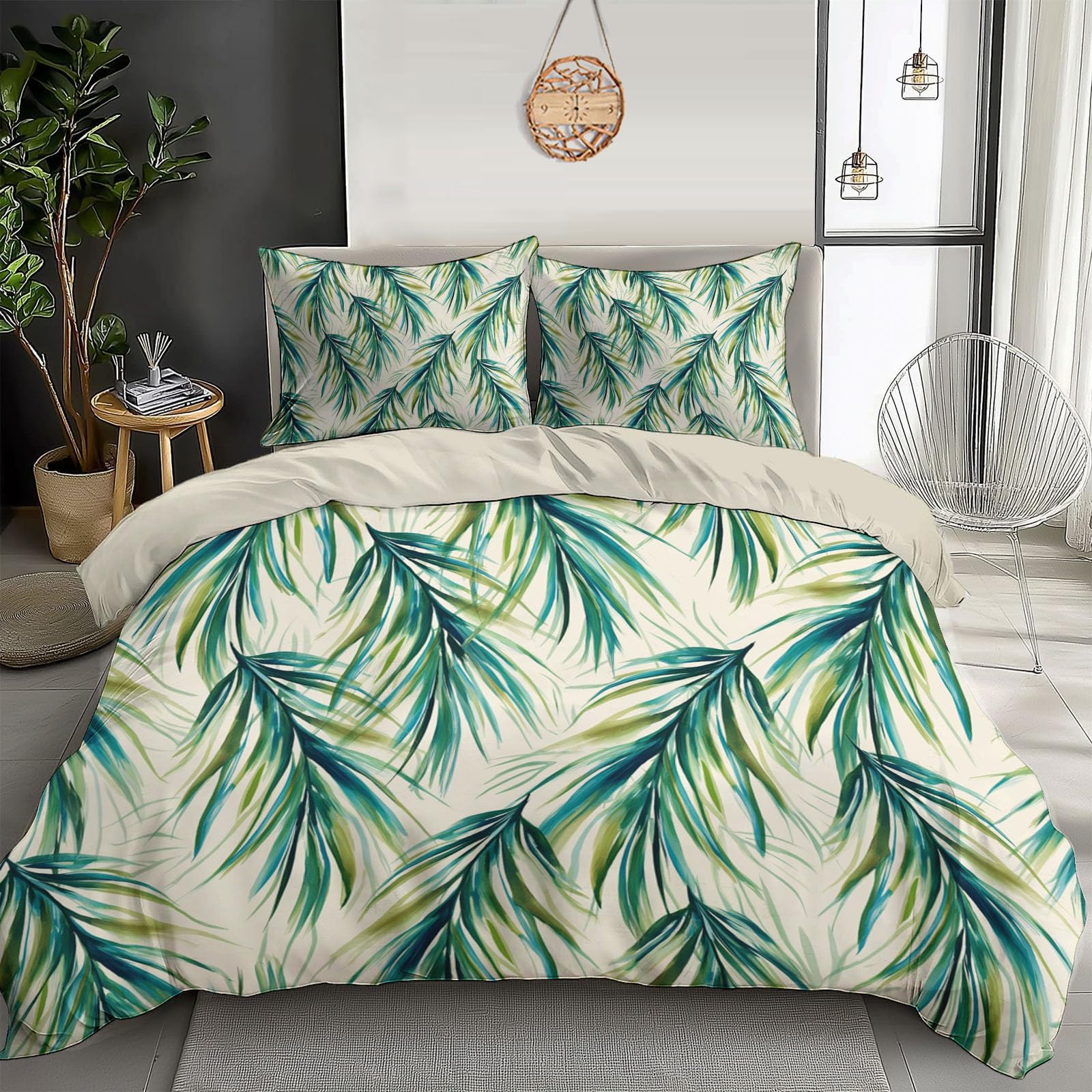 Housse de couette feuilles de palmier sarcelle 140x200 pour adulte