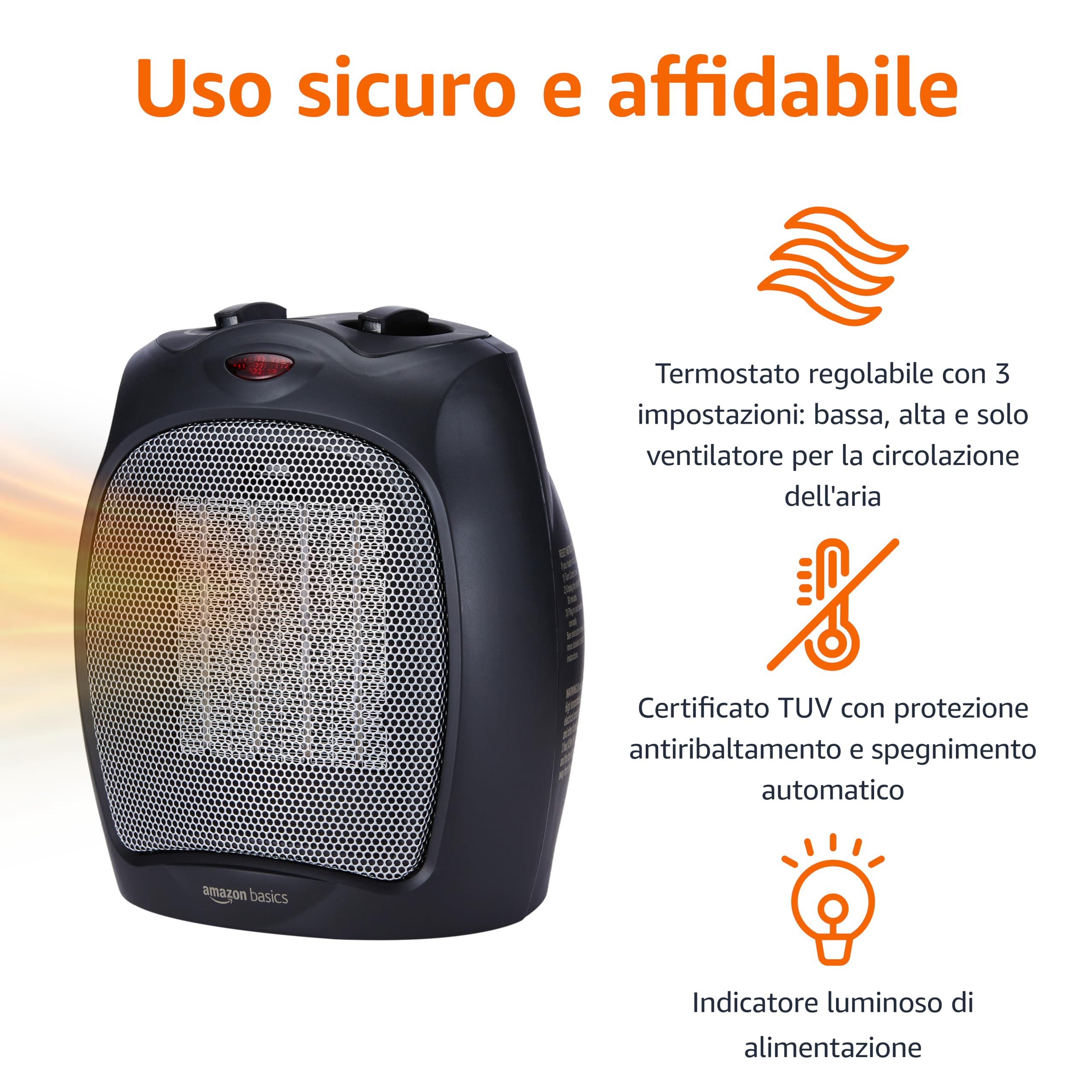 Amazon Basics Termoventilatore in ceramica da 1800 Watt con termostato regolabile - Nero