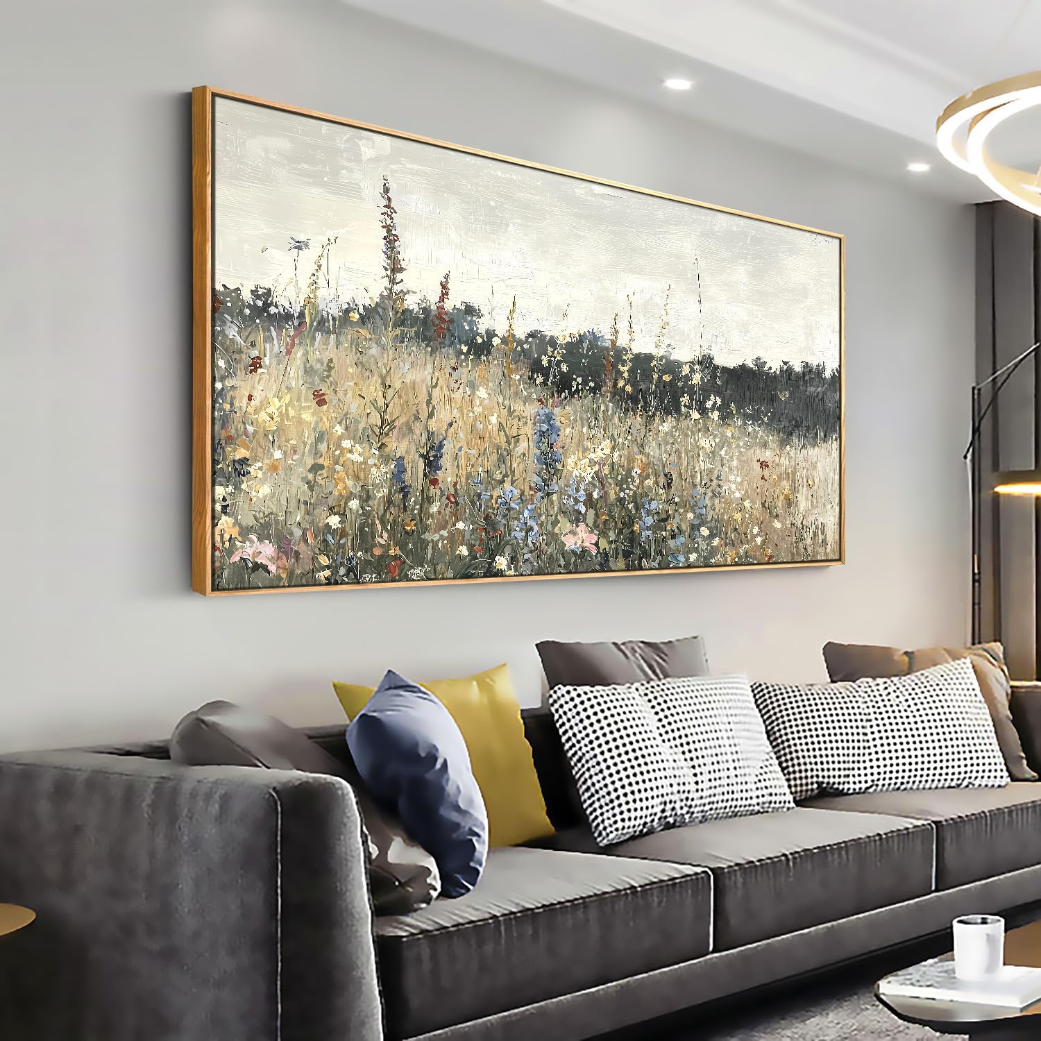 Solid wood Framed Canvas Wall Art Vintage Decor, Classical Oil Painting Canvas Prints Champ fleuri Vintage 29X58Wall Art for Home Room Bathroom Decor