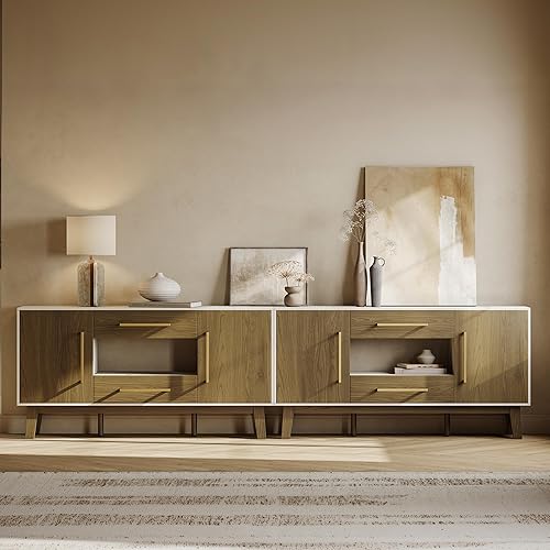 Miniatura 8 de BELLEZE Mesa auxiliar moderna Mid-Century con dos cajones y armarios cerrados, mesa de buffet aparador para cocina, sala de estar o pasillo, Tristan