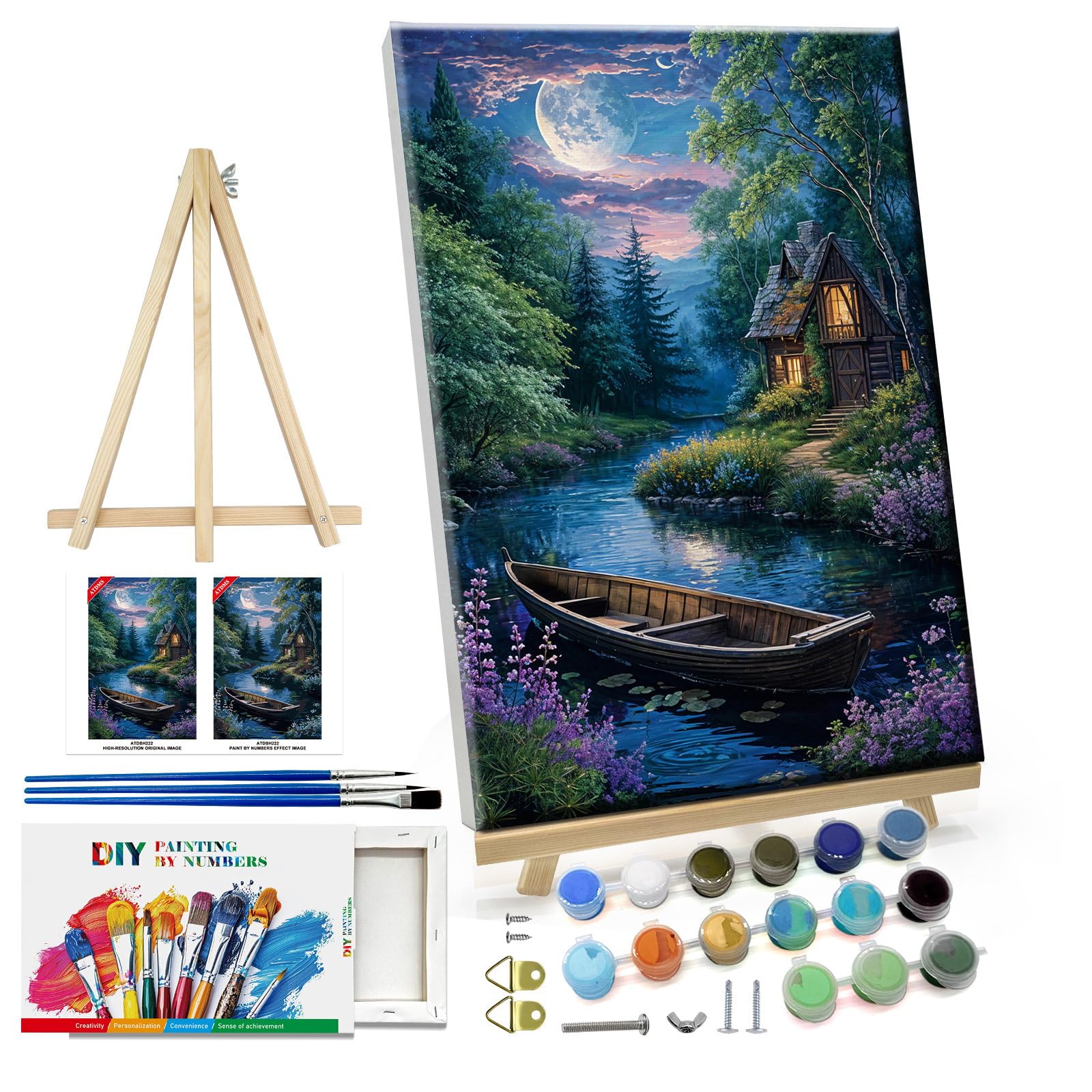 ATDMS Landscape Paint by Numbers Kit for Adult with Easel DIY Cabin Paint by Number with Frame Lake House Digital Oil Painting Kits for Wall Hanging