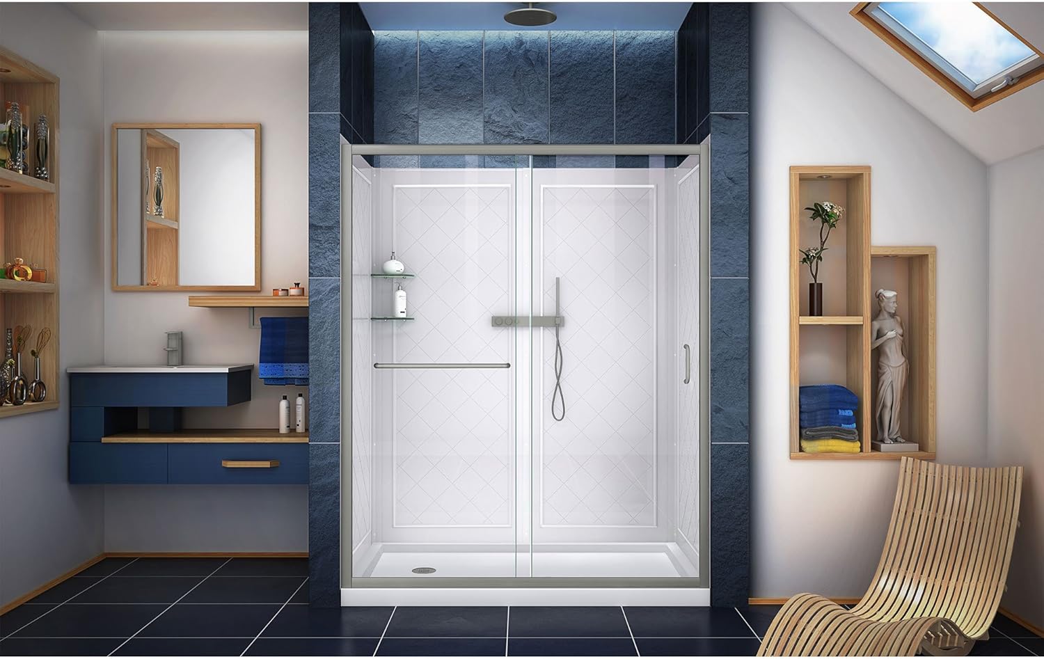 DreamLine Infinity-Z 30 in. D x 60 in. W x 76 3/4 in. H Clear Sliding Shower Door in Brushed Nickel, Left Drain Base and Backwalls, DL-6116L-04CL