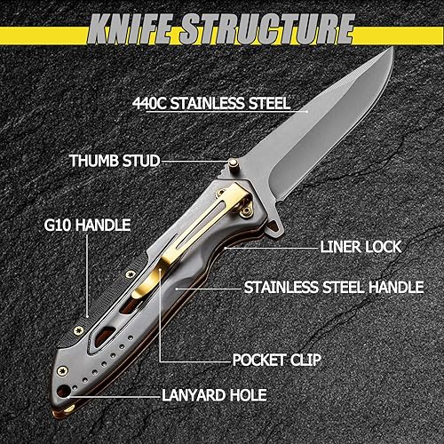 Miniatura 3 de Carimee CM01 Cuchillo de bolsillo, cuchillo plegable con mango G10, hoja de acero inoxidable D2, perno para pulgar, clip de bolsillo, cuchillo EDC