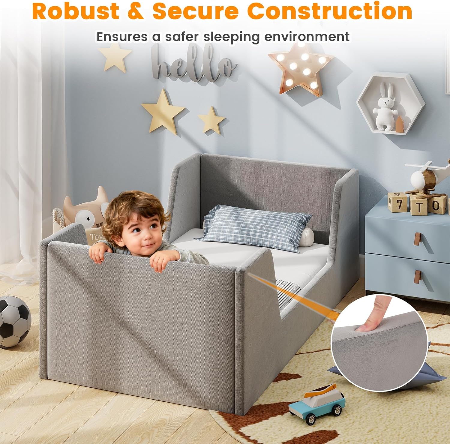 Costzon Toddler Bed, Soft Velvet Fabric Upholstered Children Floor Bed Frame with Safety Rails, No Mattress, Kids Bed for Girl Boys (Wood Foam, Gray)