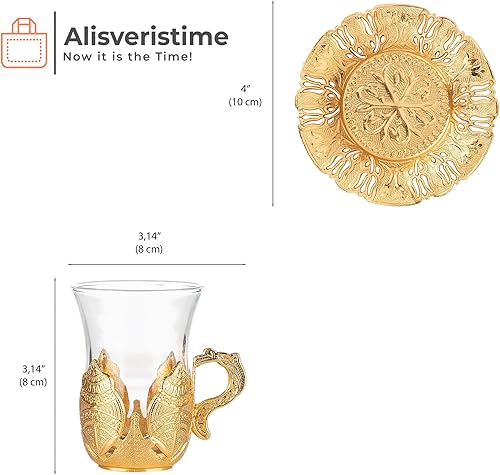 Miniatura 3 de Alisveristime Juego de 6 té turco con vasos acentuados en oro y platillos de Zamac, elegante juego de servir (dorado)