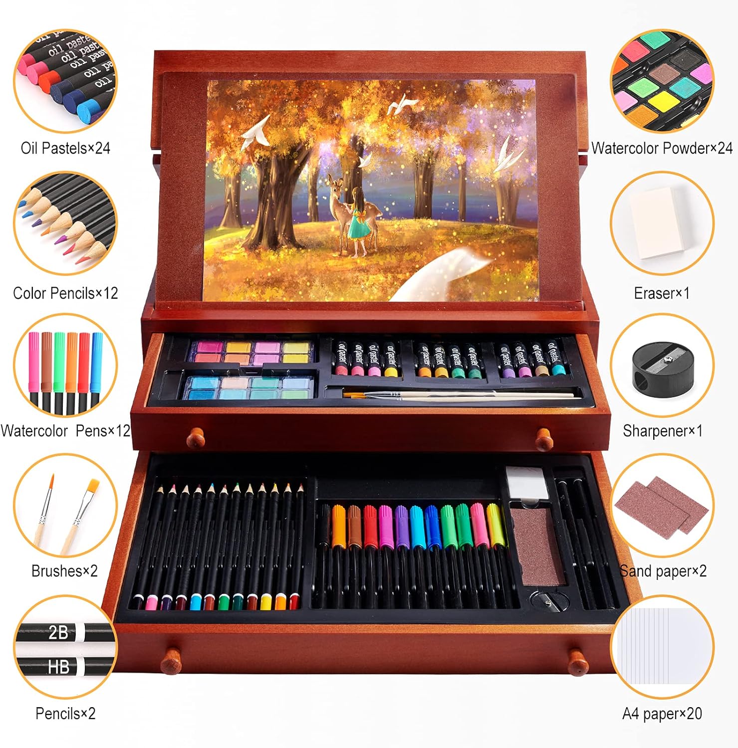 Art Supplies, 147-Piece Deluxe Wooden Art Set Painting Supplies with Watercolor Pens, Oil Pastels, Colored Pencils, Crayons, Watercolor Cakes, Portable Art Kit for Beginners