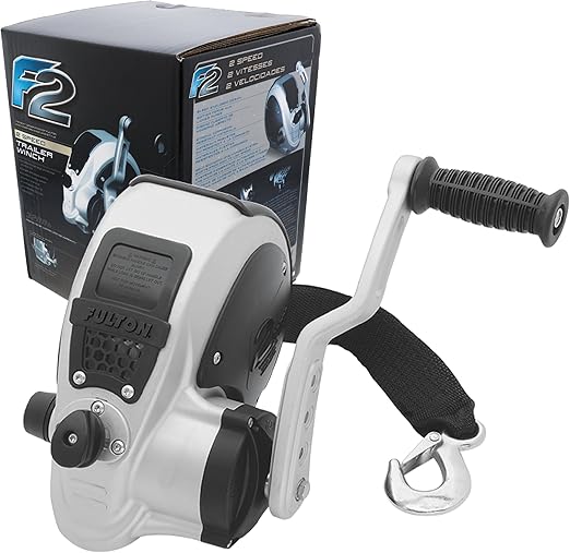 Fulton FW32000101 F2 Marine Trailer Winch, Two-Speed, 3,200 lbs. Capacity, 4-Position Handle Adjusts From 6" to 9", 20' Foot Strap With Hook