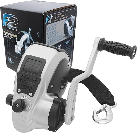 Fulton FW32000101 F2 Marine Trailer Winch, Two-Speed, 3,200 lbs. Capacity, 4-Position Handle Adjusts From 6" to 9", 20' Foot Strap With Hook