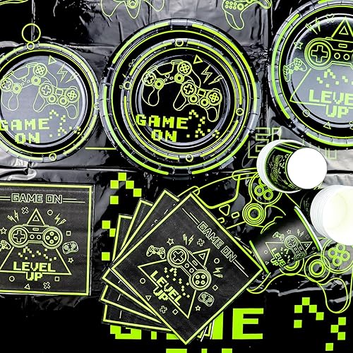 Miniatura 3 de Decoraciones de fiesta de videojuegos  81 piezas de decoraciones de cumpleaños verdes con juegos que incluyen platos de juego, servilletas, mantel