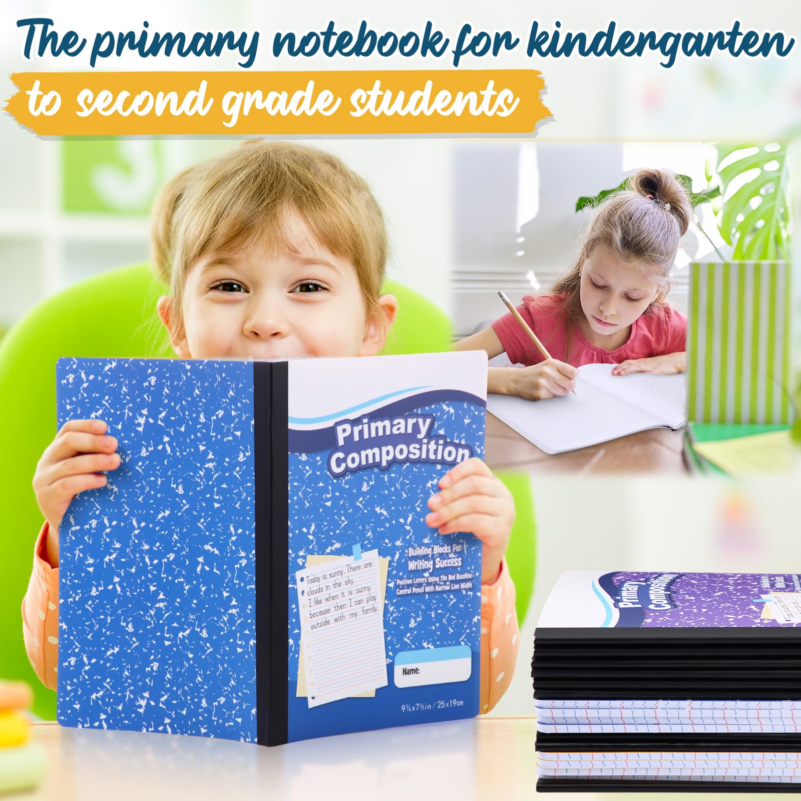 Watersay Confezione da 200 quaderni per composizione primaria K-2, 50 fogli, 24,9 x 19,1 cm, a righe, per scuola materna, per bambini, scuola materna e 2a elementare (multicolore)
