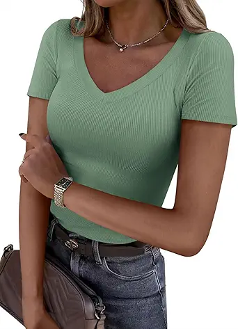 Women 2026 Spring Tops Trendy Ribbed Short Sleeve V Neck Fitted Basic Tee Shirts Casual Going Out Summer Outfits