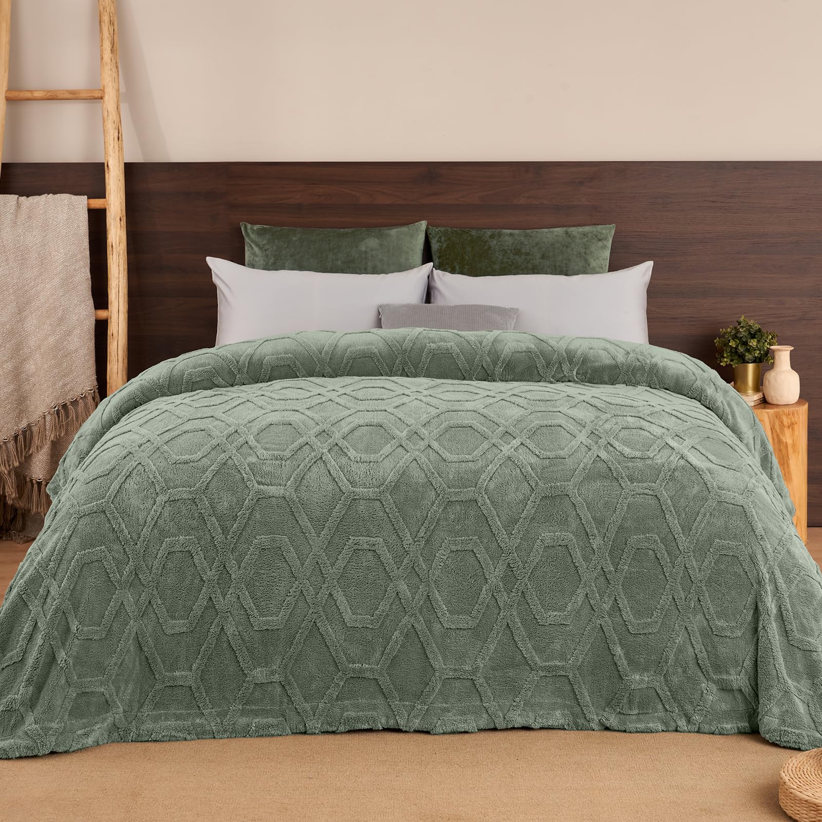 phf fluffy sherpa fleece blanket queen size for winter, warm and cozy, 510gsm 3d tufted shaggy fleece blanket for sofa bed, sage green, 90"x90"