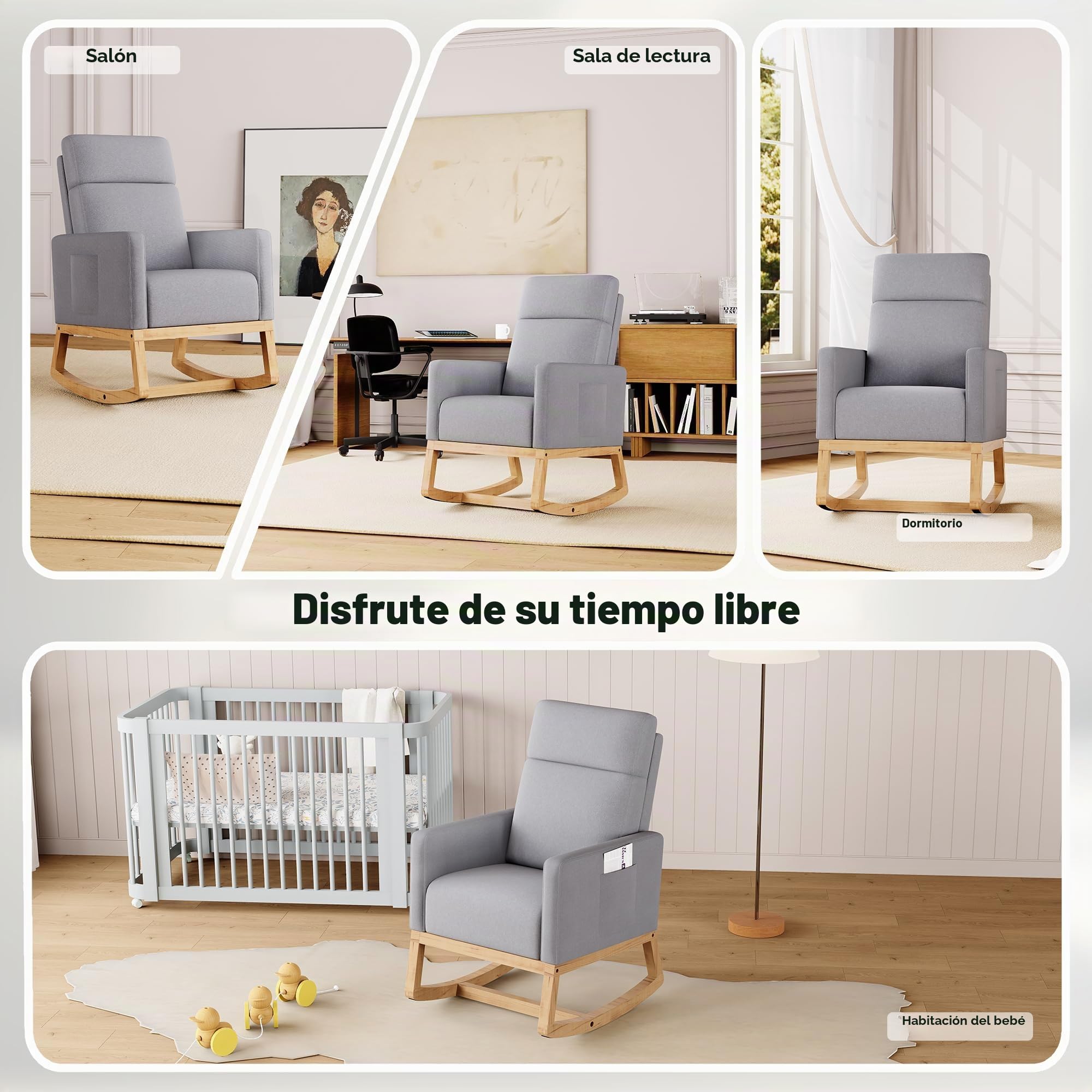 Mecedora para Lactancia, Respaldo Alto, de Lino, para Adultos, con Bolsillos Laterales y Base de Madera para Sala de Estar, Dormitorio, Color Gris Claro