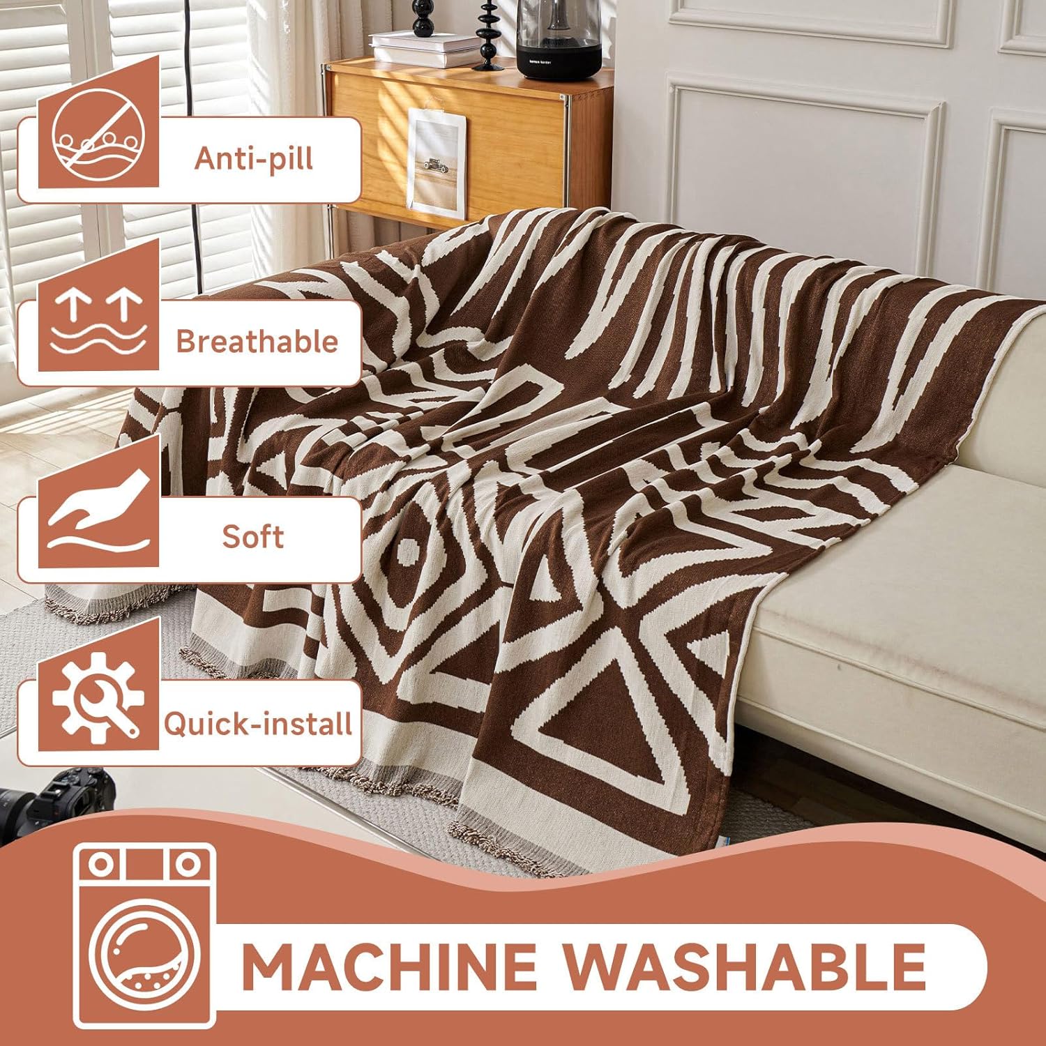 VClife Cozy Chestnut Brown White Geometric Tribal Couch Cover for Sofa Bohemian Sofa Cover for 2 Cushion Couch Sofa Anti Slip Washable Couch Cover Slipcover Decorative Furniture Protector 91''x118''