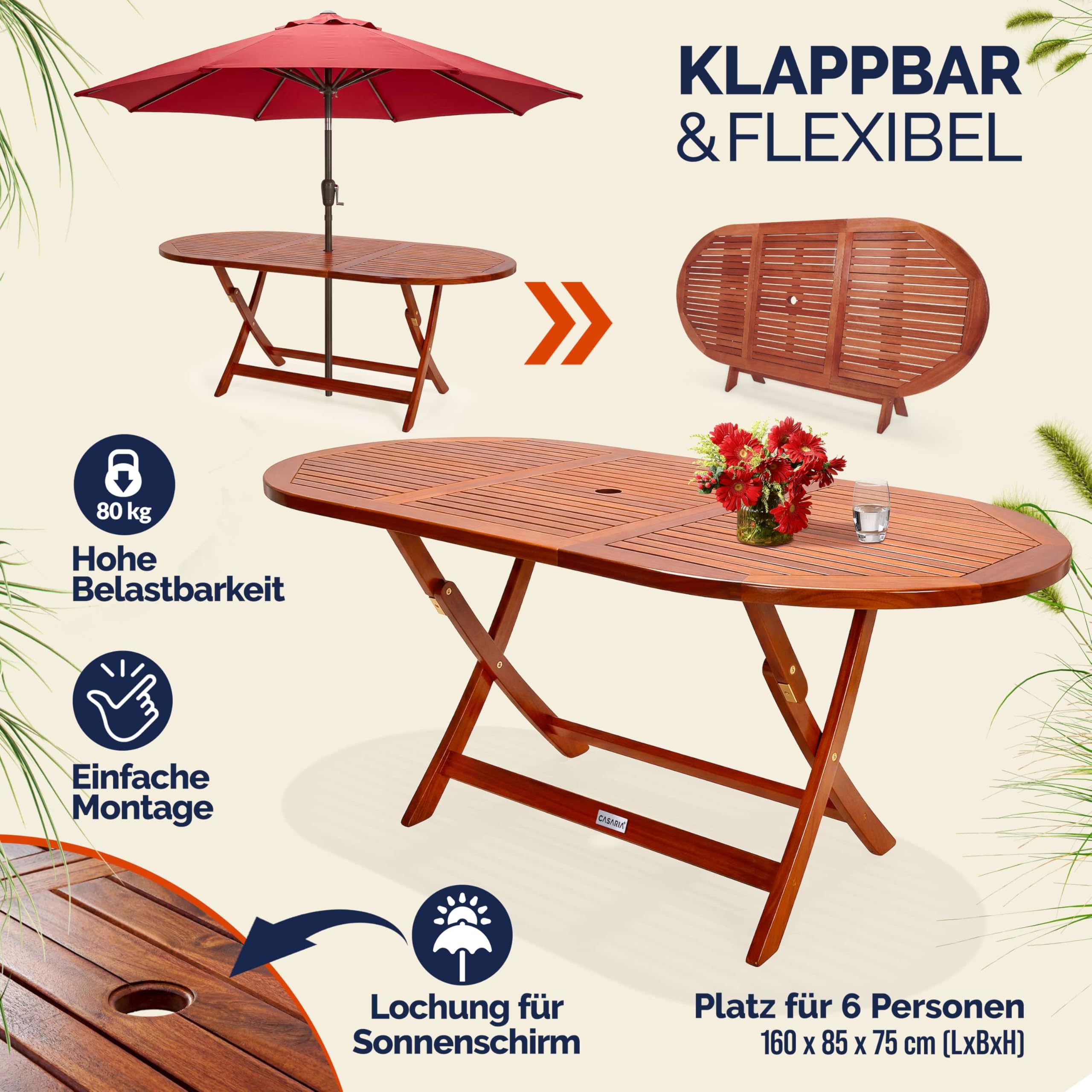 Casaria® Gartentisch Wetterfest Klappbar FSC®-Zertifiziert Holz Schirmständer 160x85cm 80kg Belastbarkeit Balkon Garten Terrasse Tisch Klapptisch Balkontisch Akazie