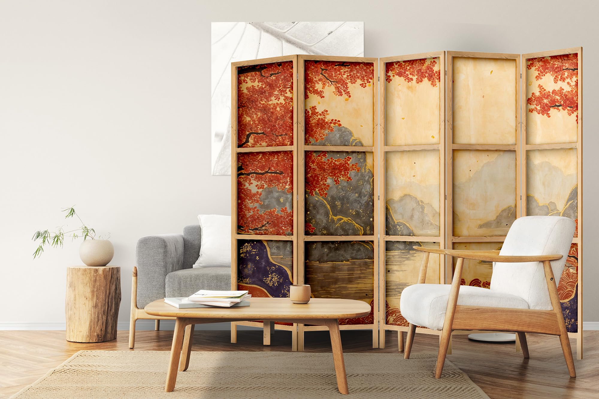 Biombo divisor de ambientes de madera 225x172 cm, 5 paneles, de un solo lado, estilo oriental