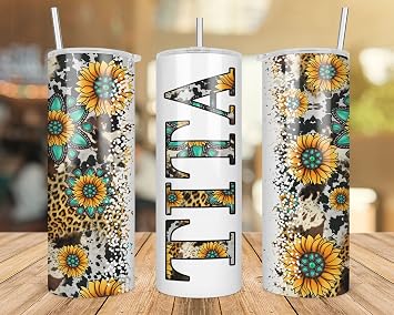 Tita Sunflower Turquoise Gemstone And Leopard - Tita Skinny Tumbler Cowhide Distressed Tumbler - Western Tumbler 20Oz Skinny Tumbler - Tita Gift