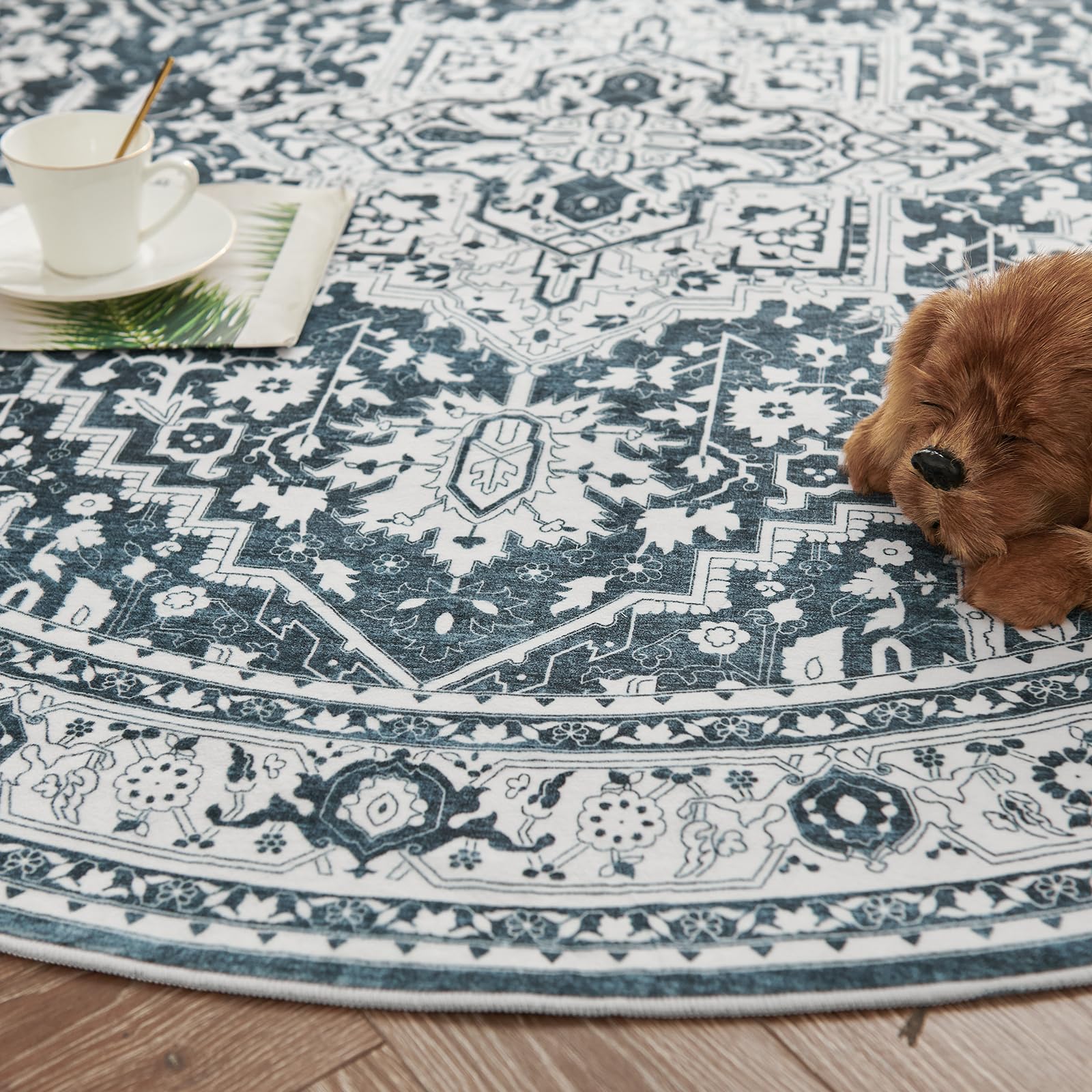 jinchan Round Rug 4ft, Bohemian Area Rug Indoor Hallway Circle Rug Washable Rug Vintage Floral Medallion Non Slip with Rubber Backing for Living Dining Room Entryway Blue