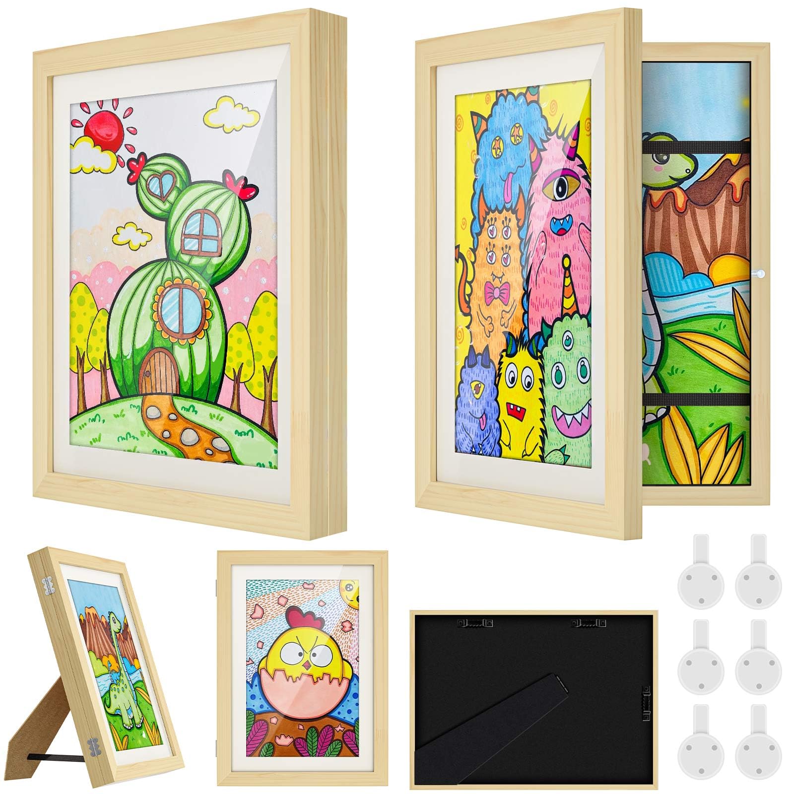 NICEKOOL 2PCS kids Art Frames Front A4 Picture Frames Front Opening Frames Kids Artwork Display Storage Frames For Children Drawing Crafting Art Projects Frames, Natural