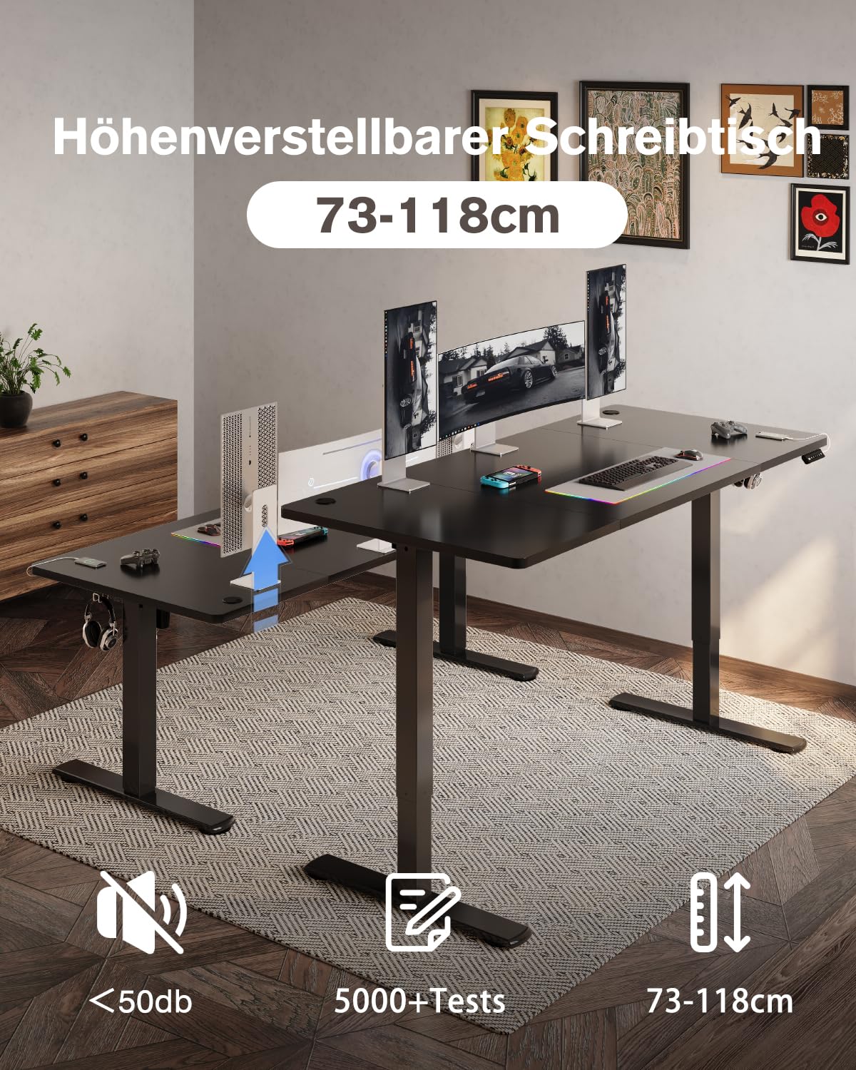 Devoko Höhenverstellbarer Schreibtisch mit USB-Buchse Schreibtisch Höhenverstellbar Elektrisch Steh-Sitz Verstellbarer Computertisch Stehpult Bürotisch Adjustable Desk,140x60cm,Schwarz
