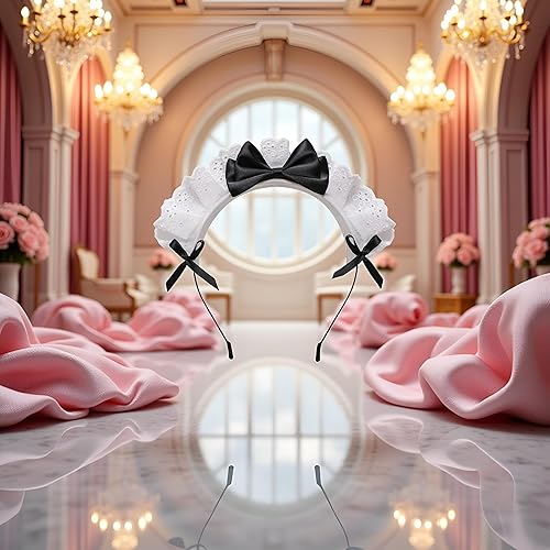 Miniatura 4 de Diadema negra de Lolita para mujeres y niñas, con lazo de encaje, banda para el cabello, anime, cosplay, cinta con lazo, linda banda para el