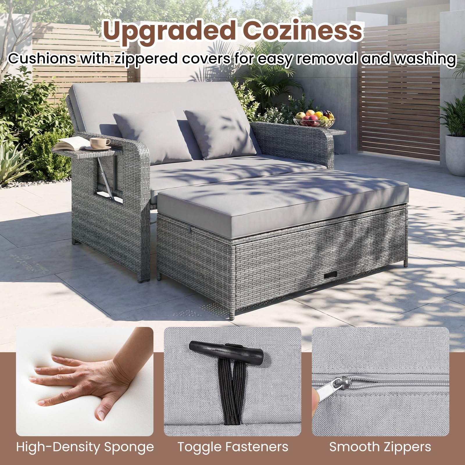 GIANTEX Canape Exterieur Jardin 2 Pièces, Canapé de Jardin 2 Places en Rotin PE, Ottoman de Rangement, Dossier Réglable, Tables d'Appoint Rétractables, Coussins Doux, pour Porche, Patio, Gris