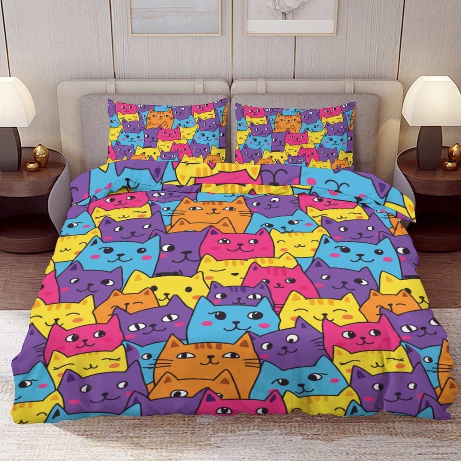 Delerain Comforter Cover Set Twin Size, Colorful Cartoon Cat 3-Piece Bedding Set for Boys Girls Teens Modern Soft Microfiber Bedroom Set Room Decor, 1 Duvet Cover + 2 Pillowcases