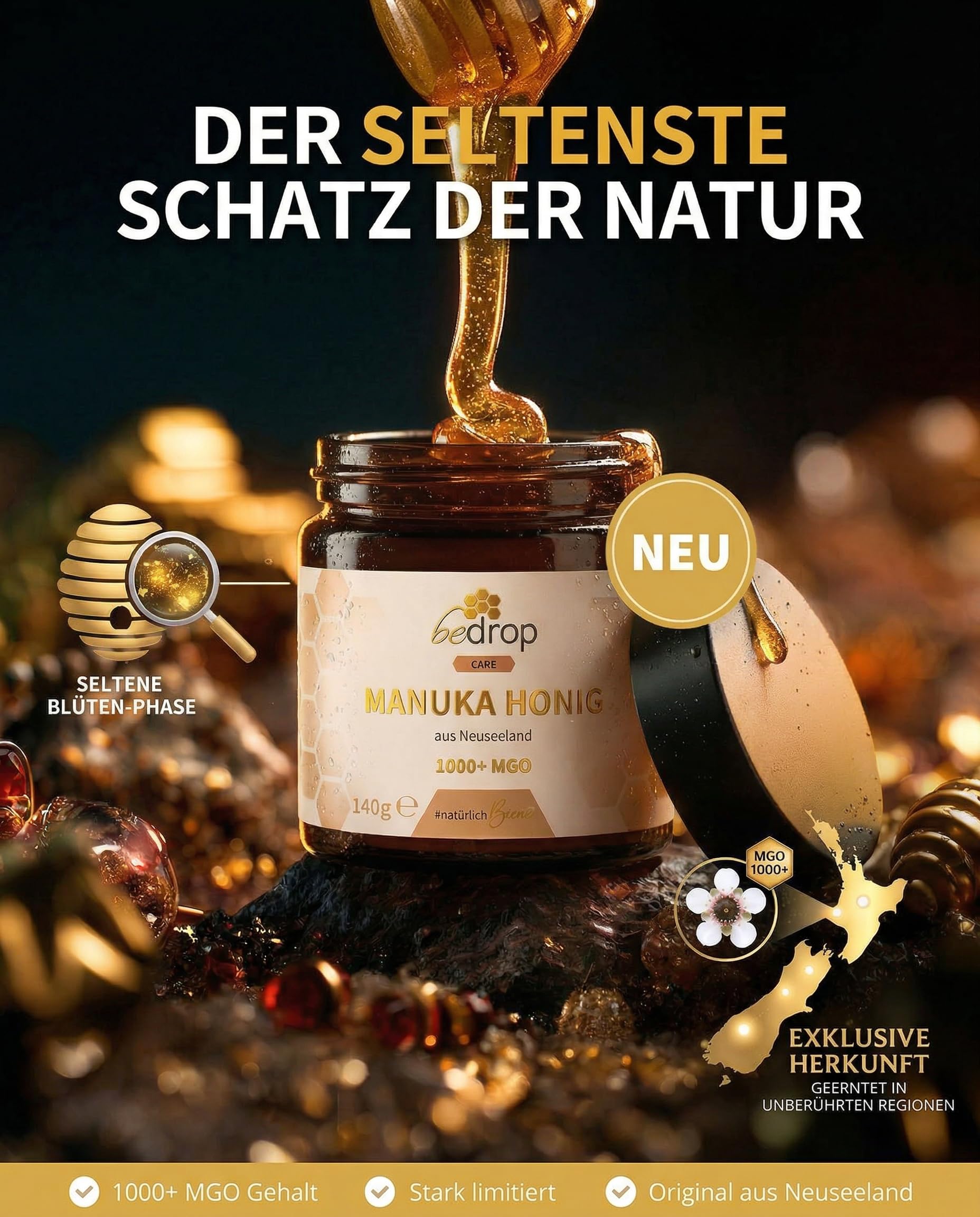 bedrop Manuka Honig mit MGO 1000+ 140g XXL Glas aus Neuseeland | 100% Premium Manukahonig I Zertifizierter MGO Gehalt I lichtgeschützter Glastiegel