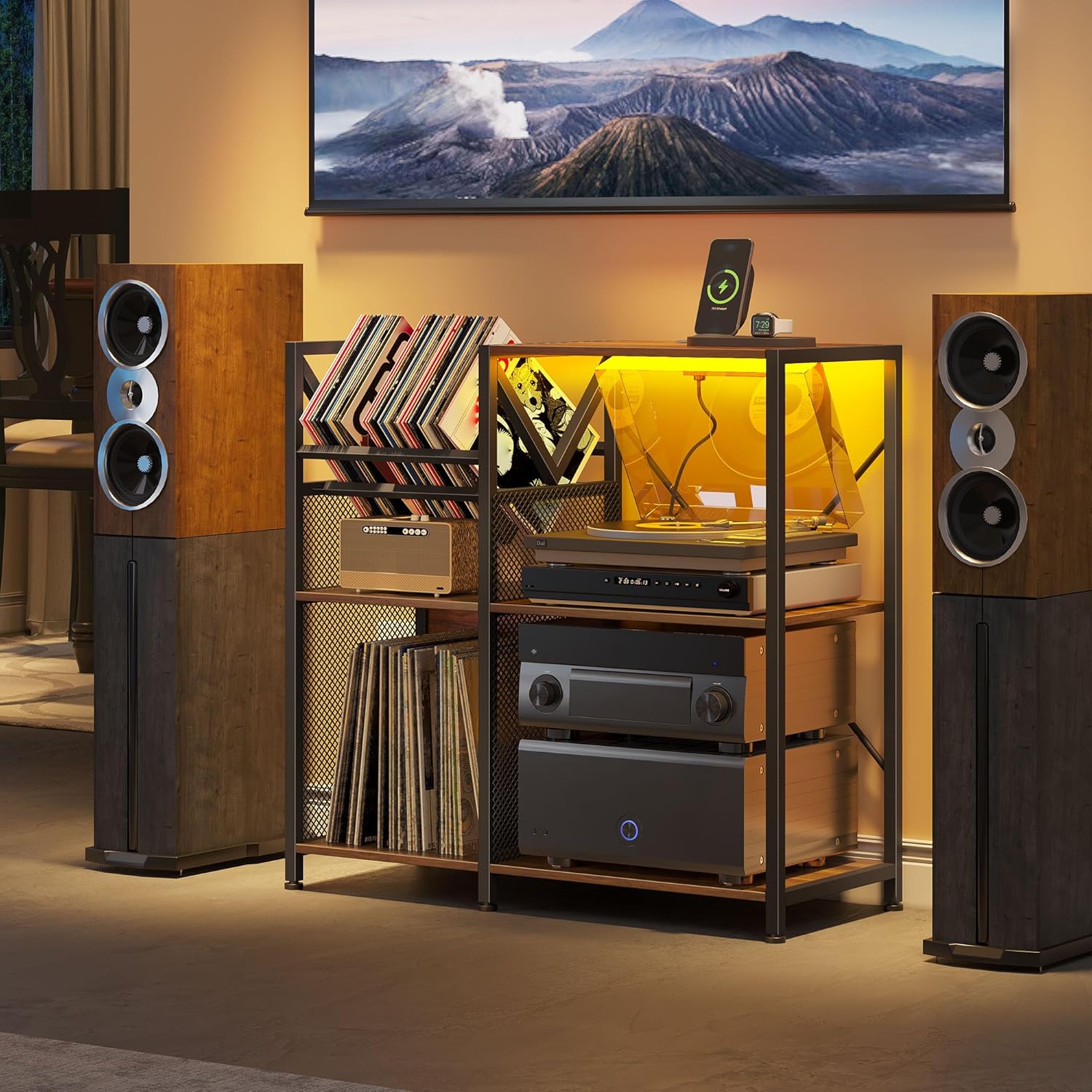 DWVO 3-Tier Vinyl Record Stand with Power Outlets & RGB LED Lights – Holds 300+ Albums, Sturdy Metal Frame Turntable Table for Living Room, Walnut Finish Media Storage Cabinet