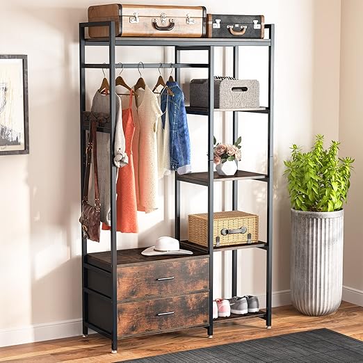 Tribesigns Freestanding Clothes Garment Rack with Shelves and 2 Drawers, Heavy Duty Metal Clothing Rack, 5-Tier Closet Organizer Wardrobe Storage Closet for Home Office Dorm or Studio Apartment