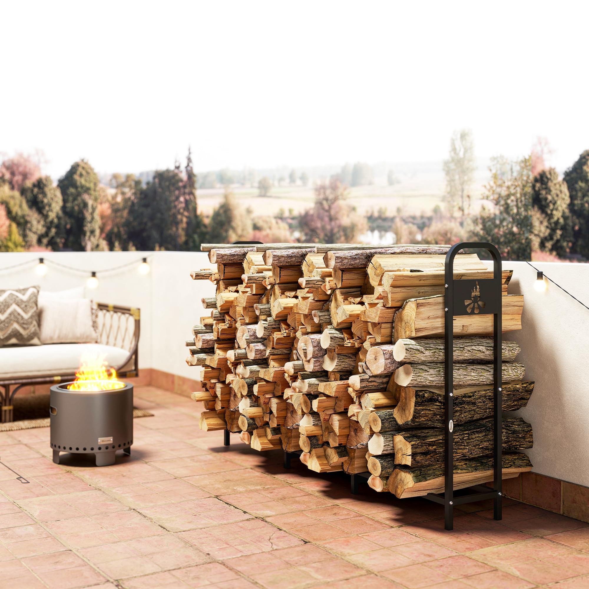 Outsunny Estante de Leña Metálico, 200x30x120 cm, Carga 300 kg, Leñero Exterior con Marco de Acero, Patas Extra Reforzadas y Diseño Recortado de Fogata, Soporte para Leña de Chimenea, para Jardín