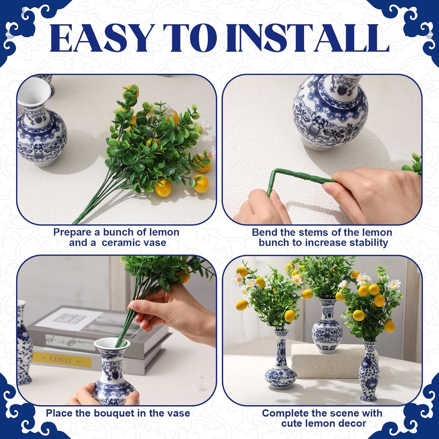 Vesici 6 Set Blue Tiles Lemon Table Centerpiece Decor, 6 Small Porcelain Blue White Bud Vase and 6 Artificial Lemon for Capri Mediterranean Positano Wedding Birthday Amalfi Coast Party Decor