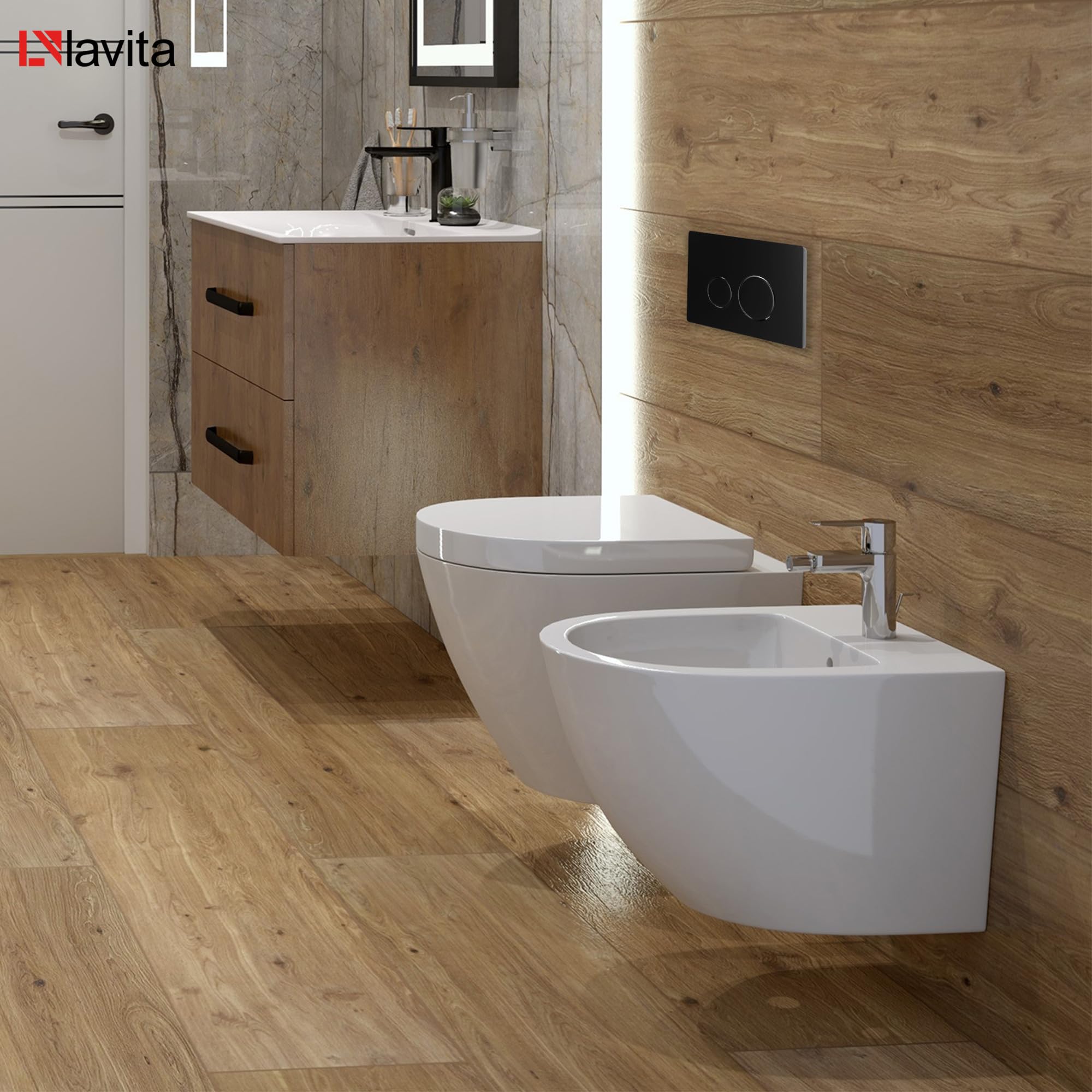 Lavita LAV 101 Vorwandelement für WC 40cm + Wand Hänge Tiefspül WC SOGO Weiß Spülrandlos + Bedienplatte LAV 200.4.4 Schwarz + WC Sitz mit Absenkautomatik Komplettset Unterputz Spülkasten WC