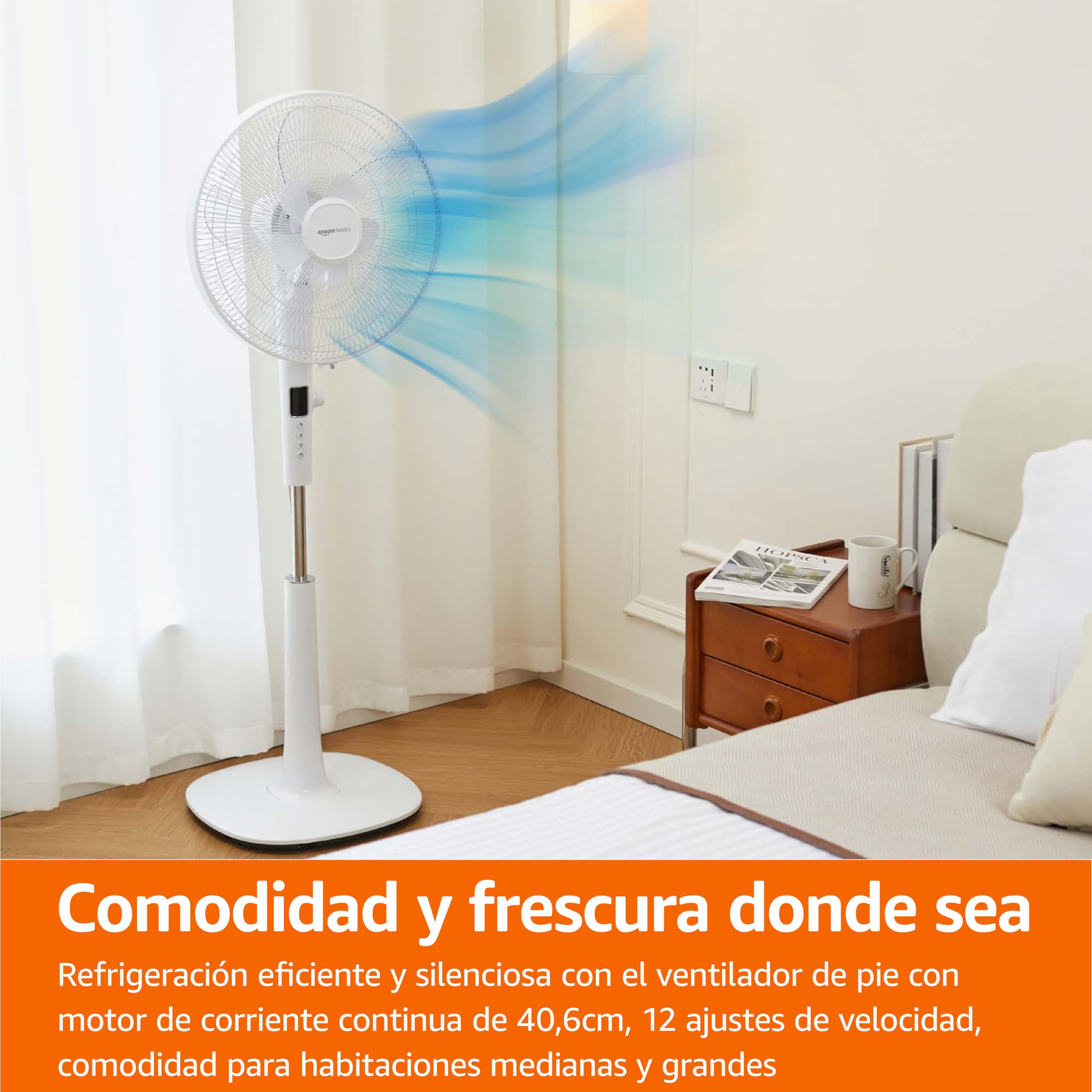 Amazon Basics Ventilador de Pie 40 cm, Motor DC, 12 Velocidades con Mando a Distancia, 3 Modos de Brisa, Aspas de Doble Capa, Temporizador, Eficiencia Energética y Motor DC Silencioso (28W), Blanco