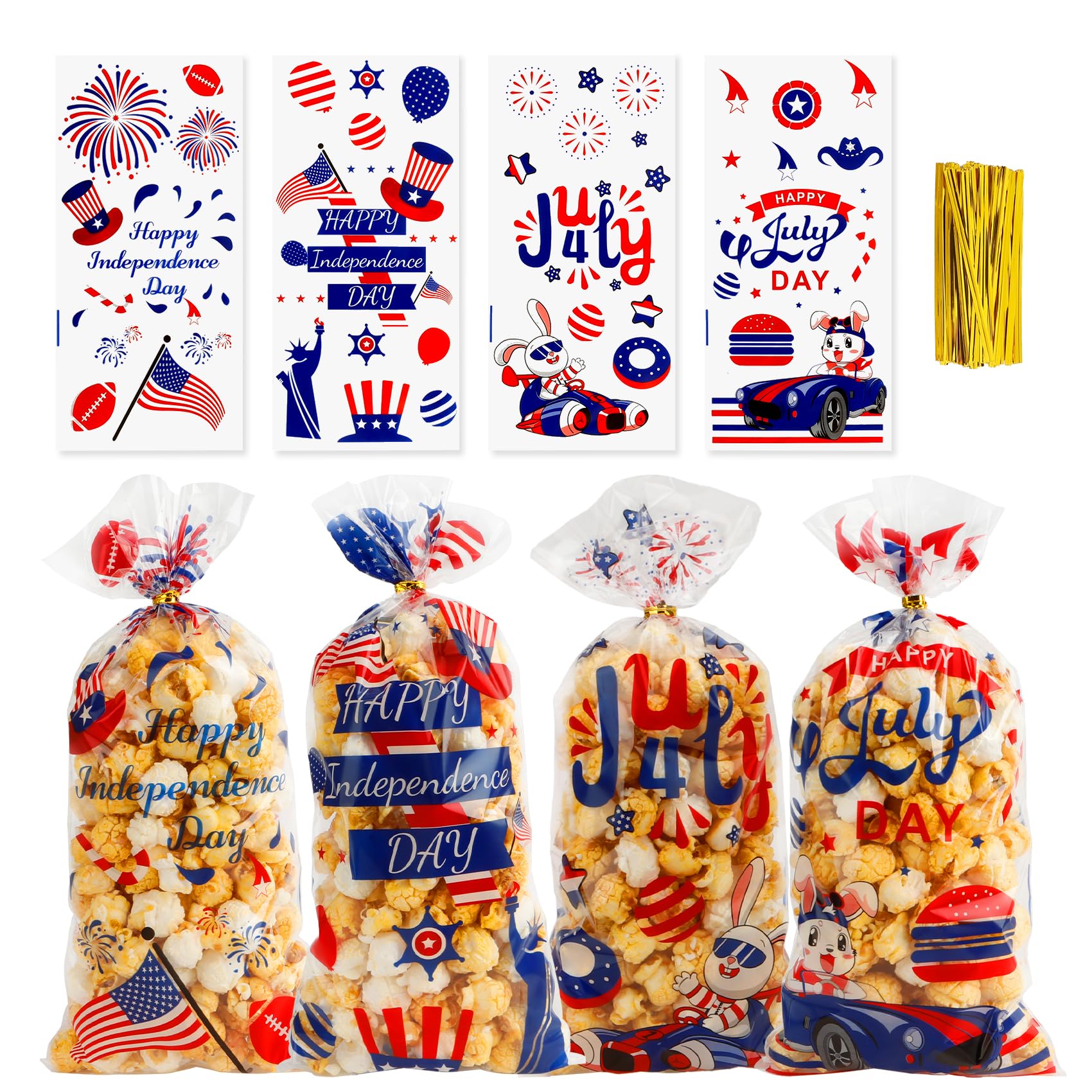 4th of July Treat Bags, 120 PCS Patriotic Cellophane Bags, Plastic Clear Red White Blue Candy Cookie Gift Goodie Snack Bag with Twist Tie for