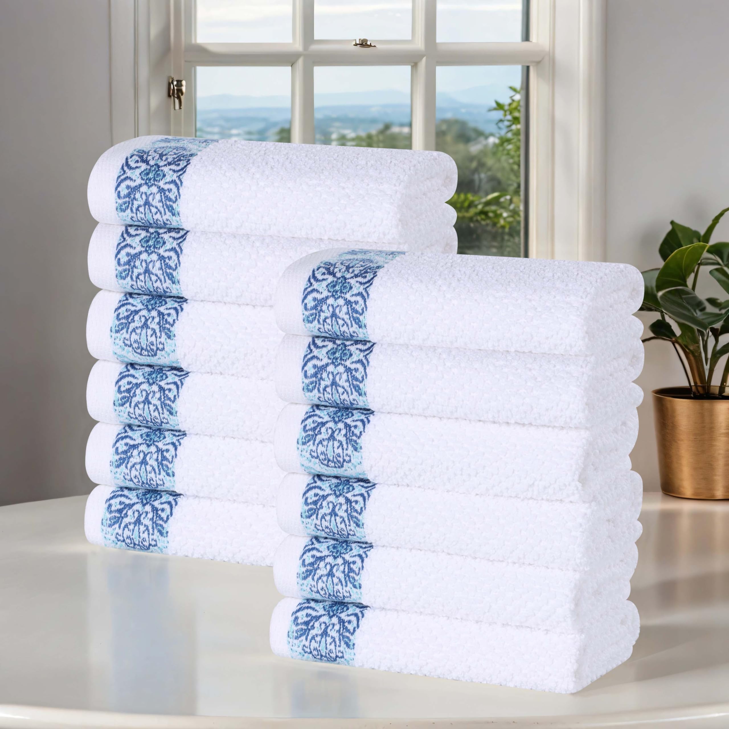 Superior Medallion Lot de 12 débarbouillettes en coton absorbantes, jacquard texturé, séchage rapide, douche, spa, cuisine, essentiels de salle de bain, petites serviettes, blanche-turquoise