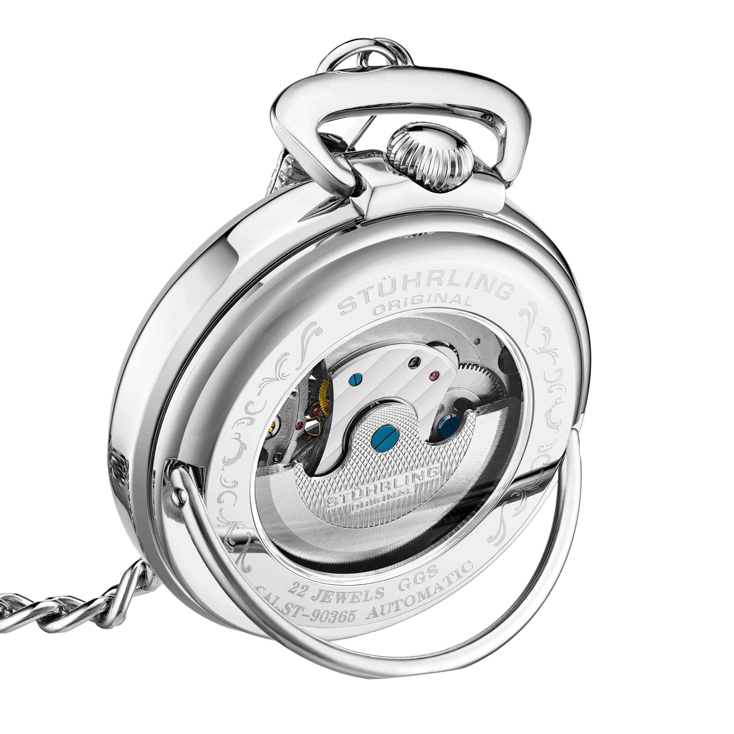 Stuhrling Original Orologio da tasca automatico da uomo, orologio da tasca a carica automatica con catena in acciaio inossidabile, sole/luna