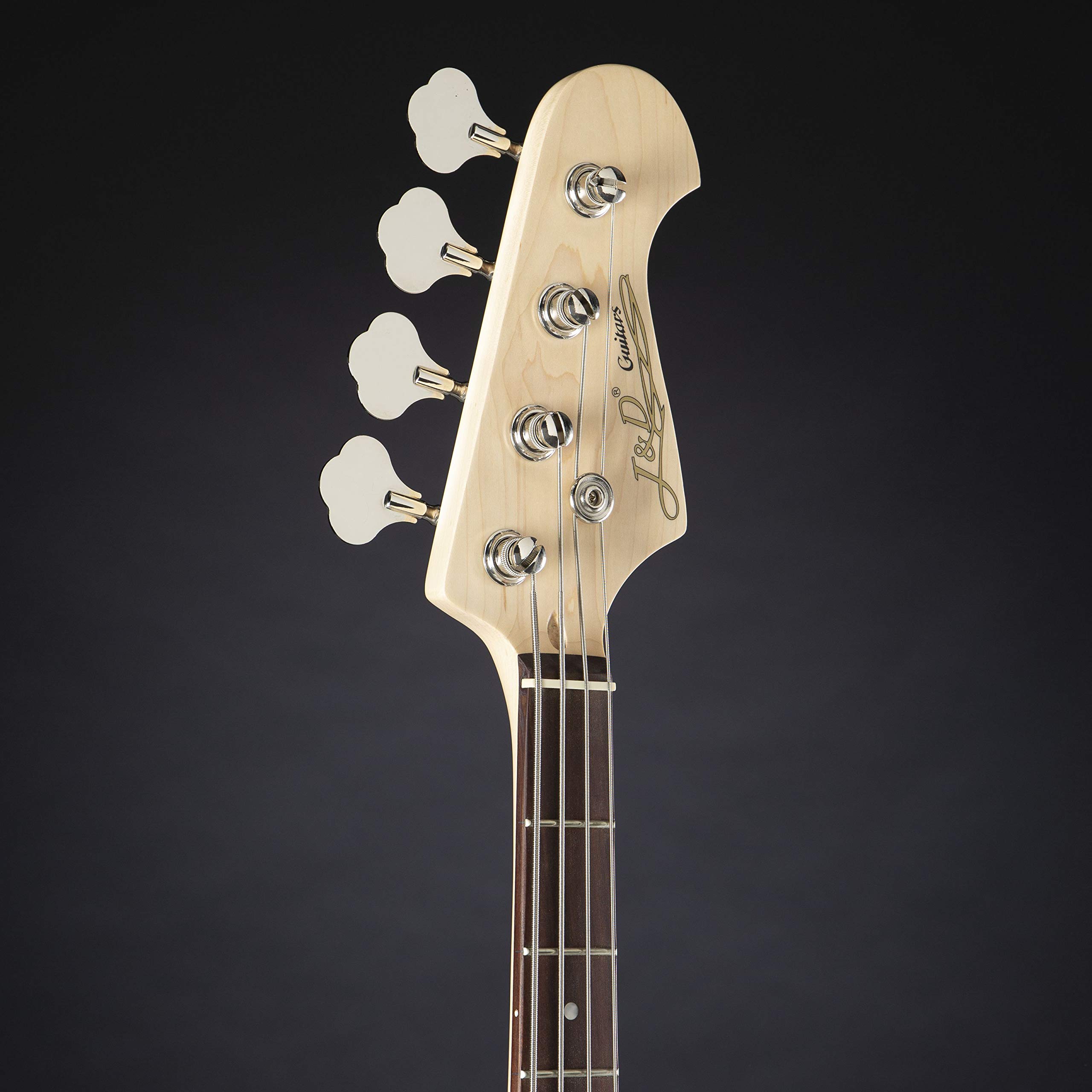 J & D E-Bass, Bass Gitarre mit 4 Saiten und Linde Korpus, JB Bass mit 2 Single Coil Tonabnehmern und passiver Elektronik, 3-Tone Sunburst