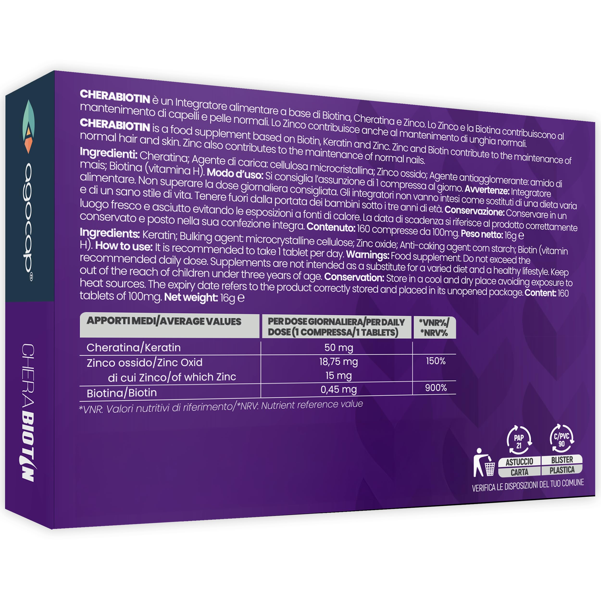 Cherabiotin, integratori a base di Biotina, Cheratina e Zinco. Vitamine per unghie e pelle. crescita capelli e anticaduta donna. 160 micro compresse, 5 MESI DI FORNITURA (Cherabiotin 160cpr)