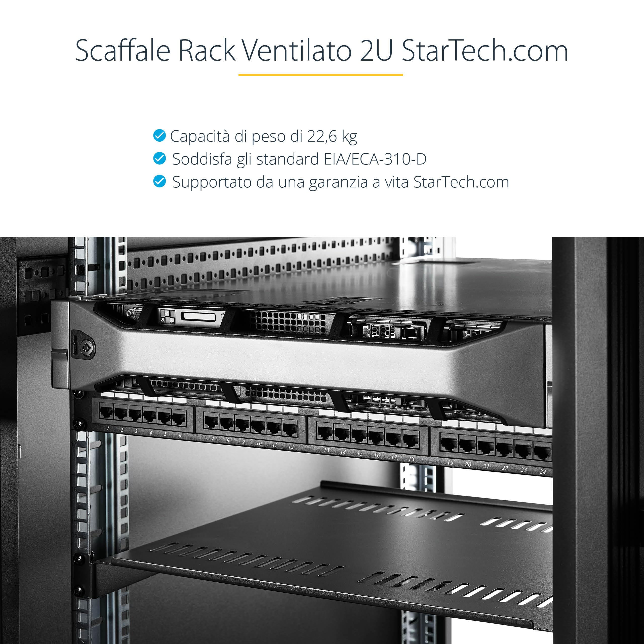 StarTech.com Mensola per rack 19" 2U Ventilata, Acciaio, Capacità 23Kg, Profondità 41 cm, Nero
