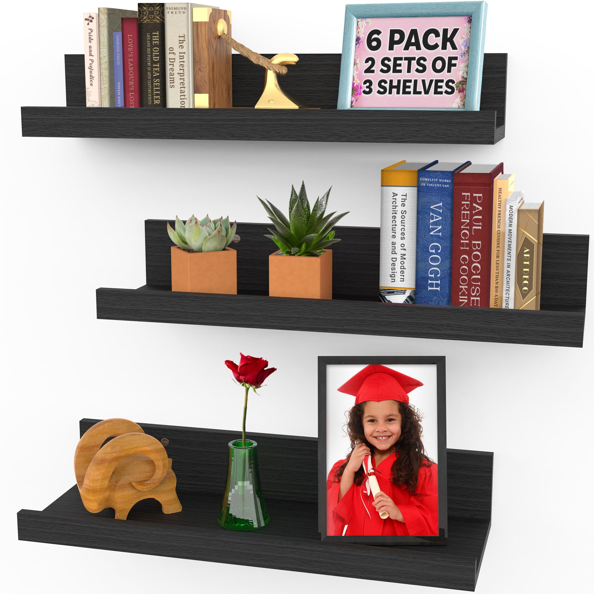 Icona Bay - 40 cm / 16 Inch Floating Shelves for Wall - Set of 6 in Ebony Black - Modern Rustic Style - Wall Mounted Display Shelves - Picture Ledges