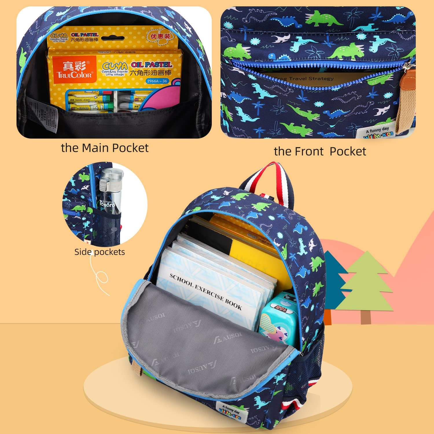 willikiva Cartoon Bus 12 Kindergarten Backpack for Kids Girls and Boys,Waterproof Preschool Toddler Backpack Wiht Leash and Safety Harness (Green Dinosaur) - Image 3