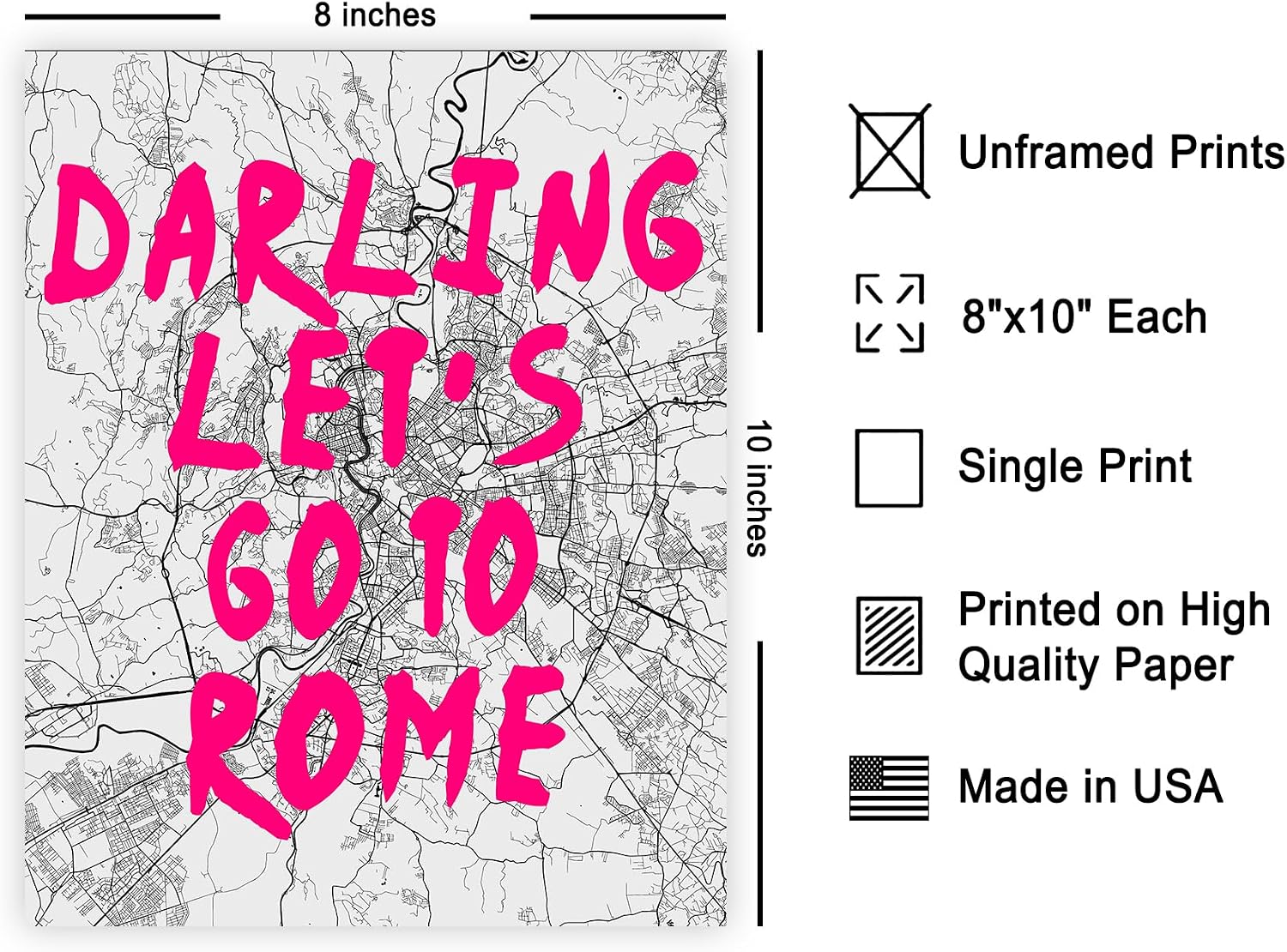 Poster Master Darling Let's Go To Rome Poster - Italy Illustration - Quirky Design - Typography Graphic - Modern Artwork - Travel Illustration - Funky Design - 8x10 UNFRAMED Wall Decor